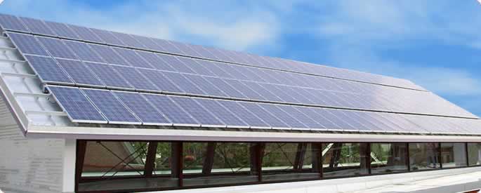 Commercial business solar panel system on roof of a company
